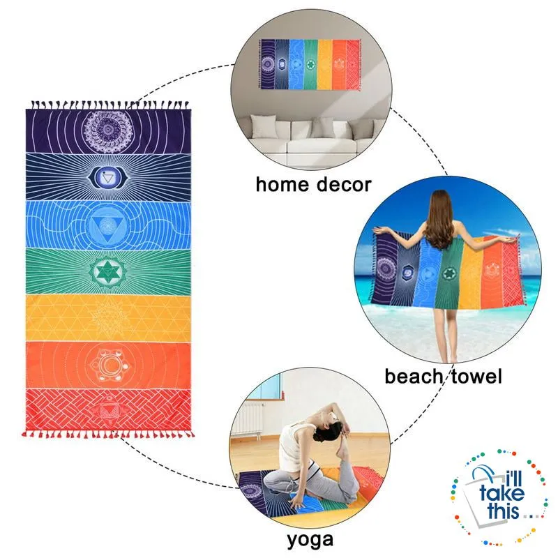 🧘 7 Chakra Colored, Mandala Blanket/Rainbow Stripes Tapestry Yoga Mats - Ideal for Yoga, Pilates Class