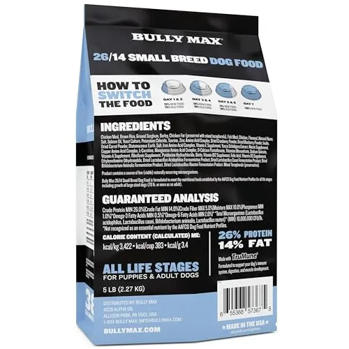 Bully Max 26/14 Small Breed Dry Dog Food for Skin, Coat & Sensitive Stomach - Chicken & Rice, Dry Soft Kibble Bites for Puppies, Adult & Senior Dogs - Natural French Bulldog Puppy Food, 5 lbs