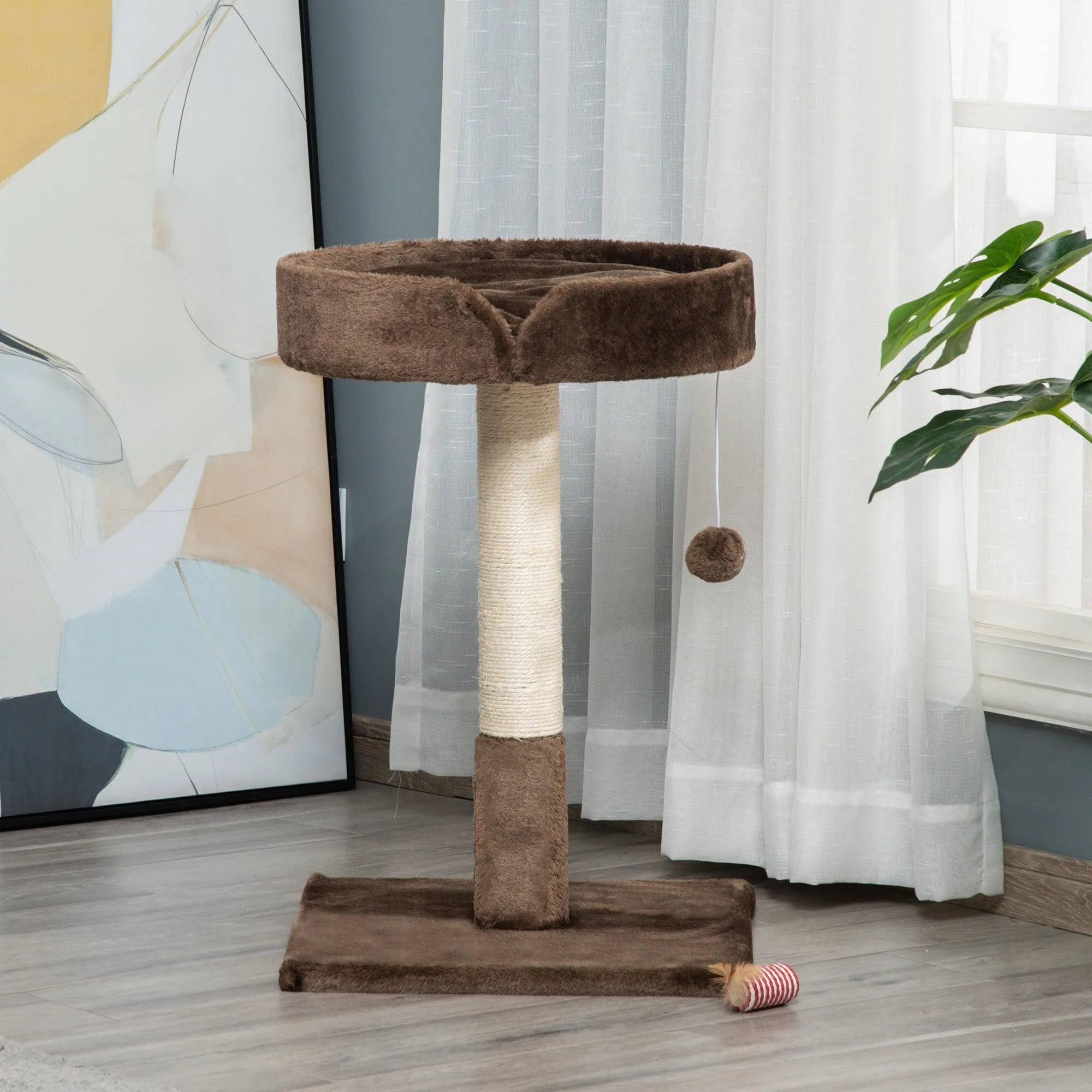 Cat Tree w / Sisal Scratching Post & Ball Toy - Brown