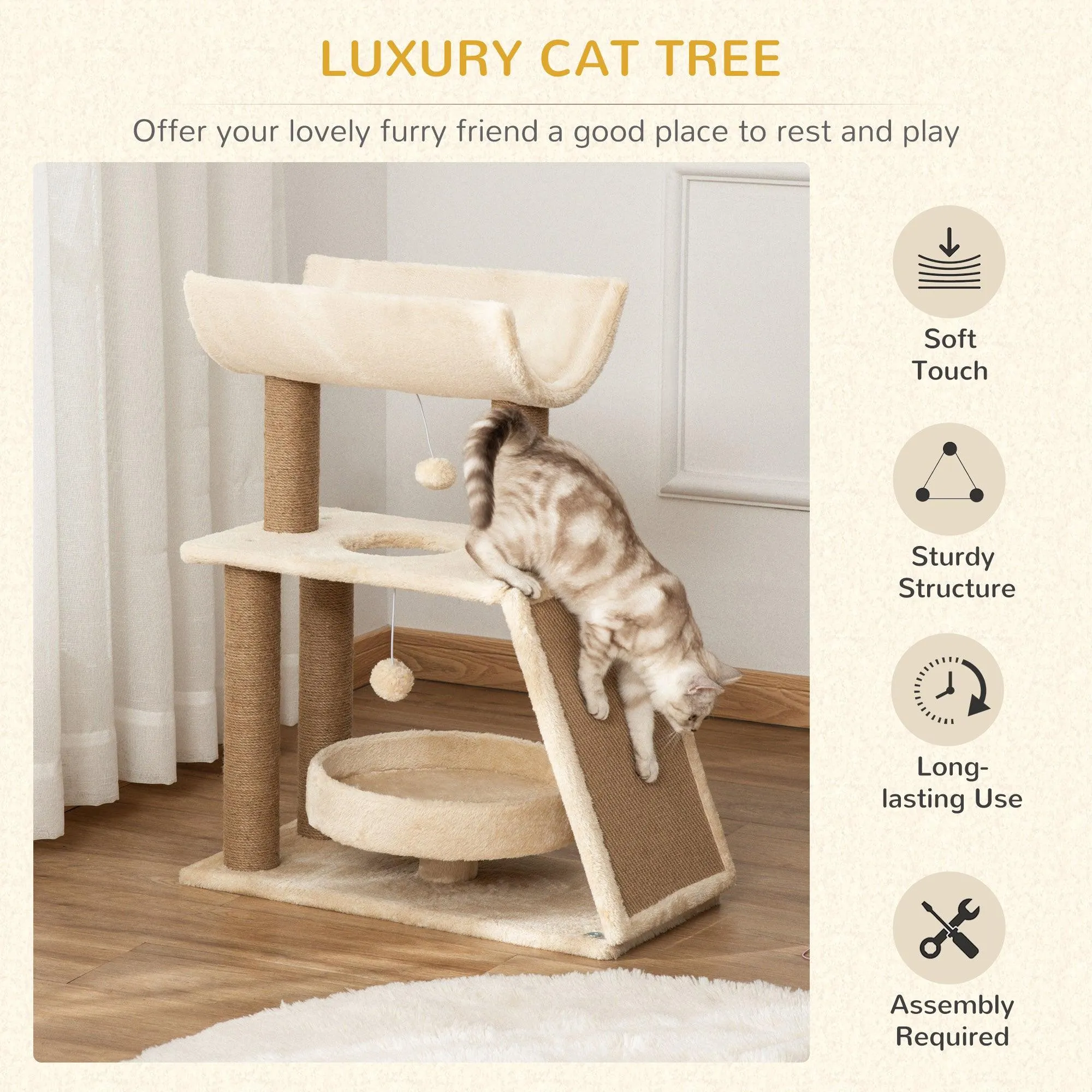 Cat Tree with Scratching Posts, 76cm - Light Brown