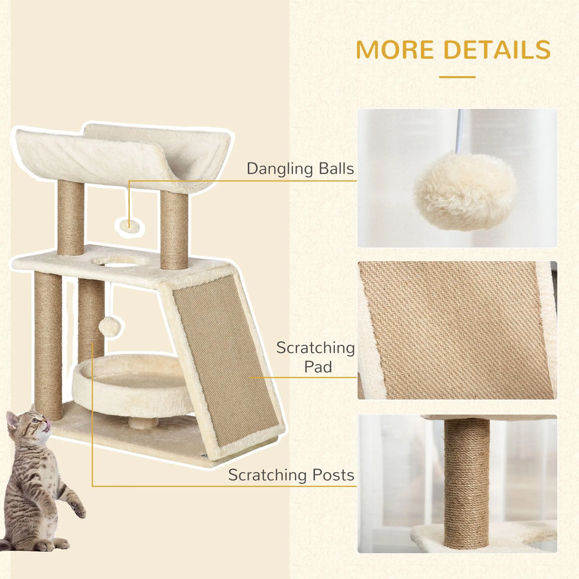 Cat Tree with Scratching Posts, 76cm - Light Brown