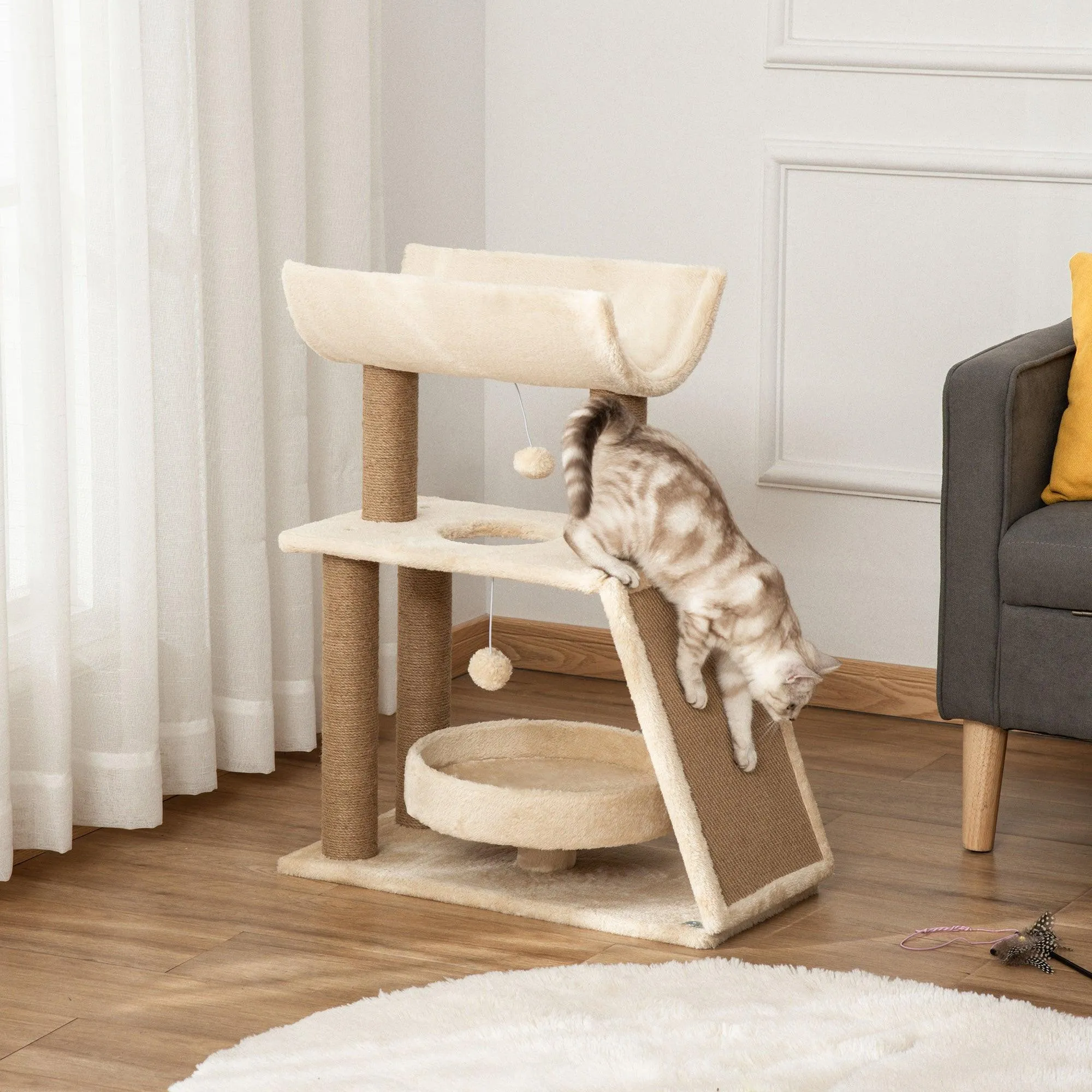 Cat Tree with Scratching Posts, 76cm - Light Brown