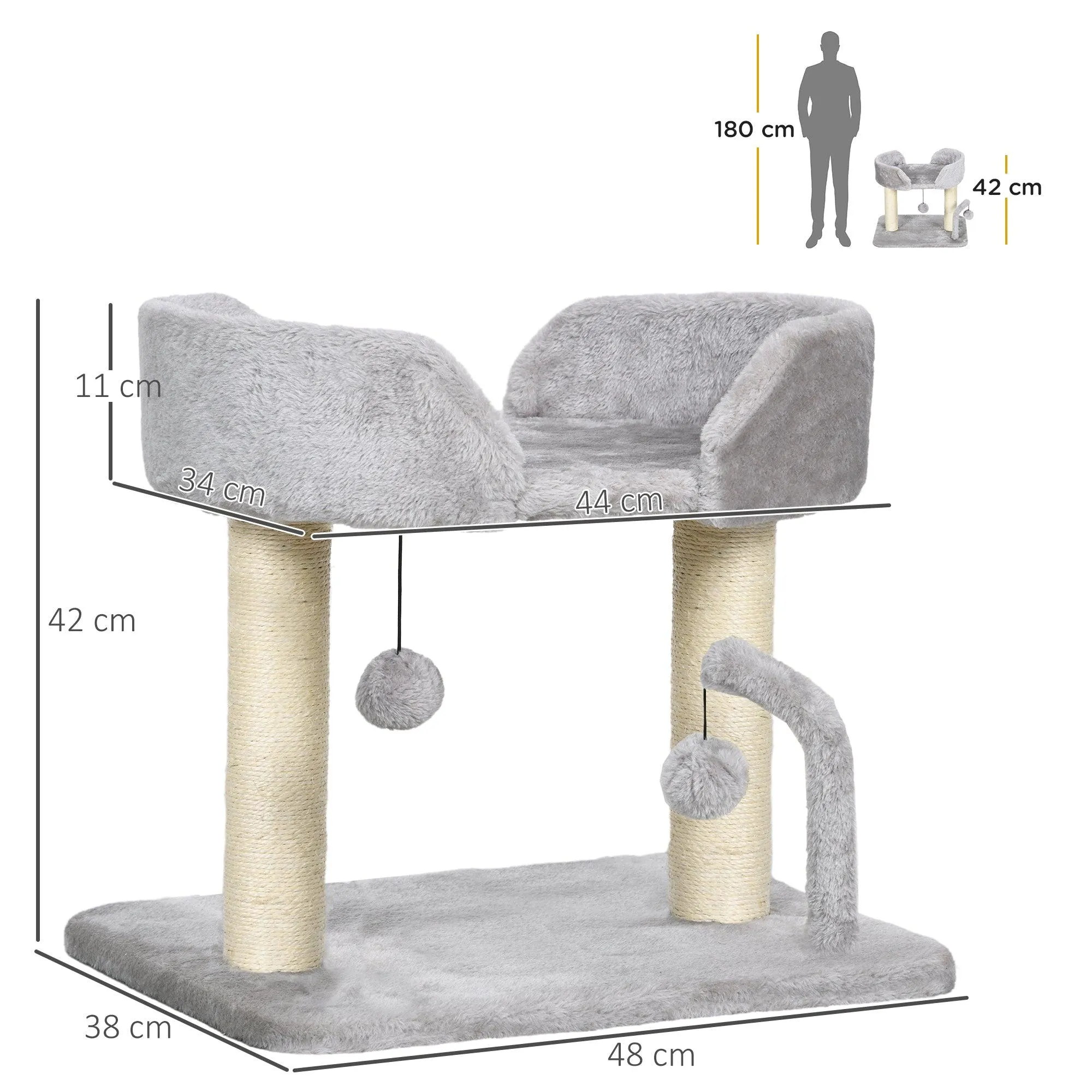 Cat Tree with Toy Balls and Sisal Scratching Post, 42cm - Light Grey