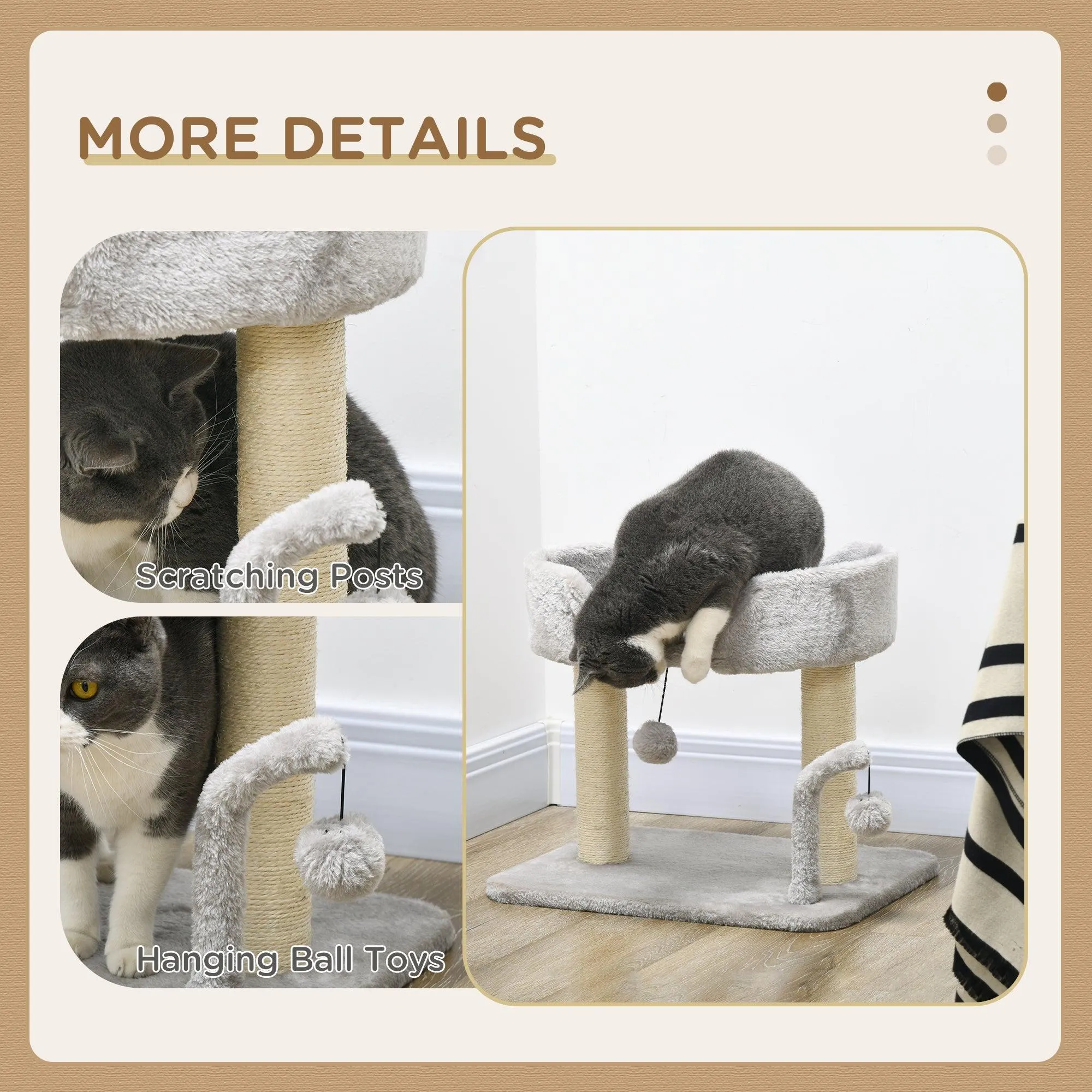 Cat Tree with Toy Balls and Sisal Scratching Post, 42cm - Light Grey