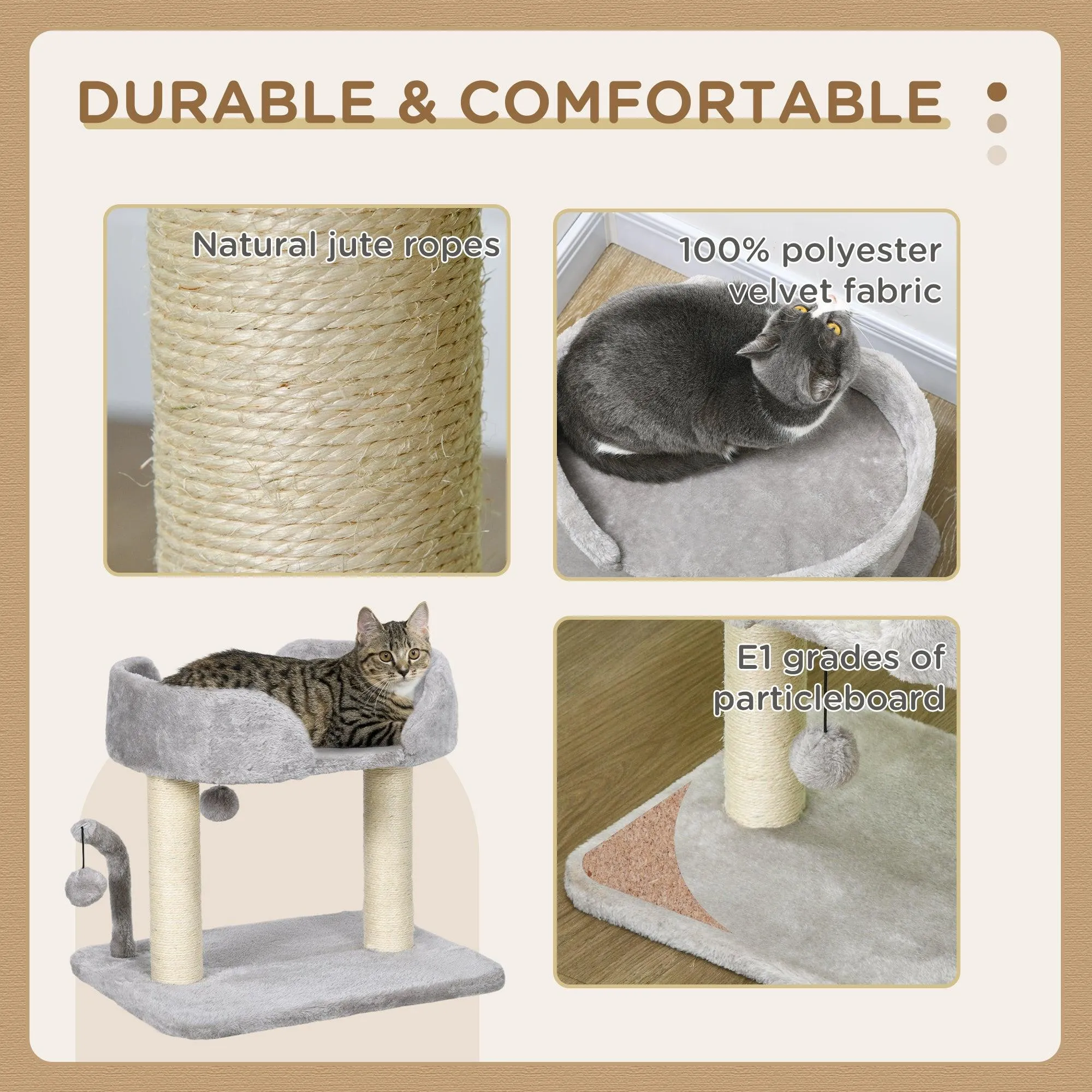 Cat Tree with Toy Balls and Sisal Scratching Post, 42cm - Light Grey
