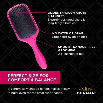 D90L Tangle Tamer Ultra Comb for Long and Strong Hair with Nylon Bristles - Pink Denman