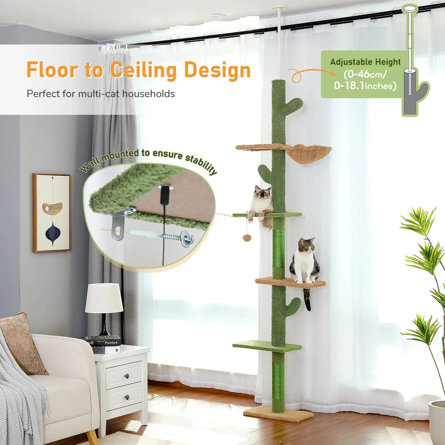 Floor to Ceiling Cactus Shape Adjustable Cat Tree