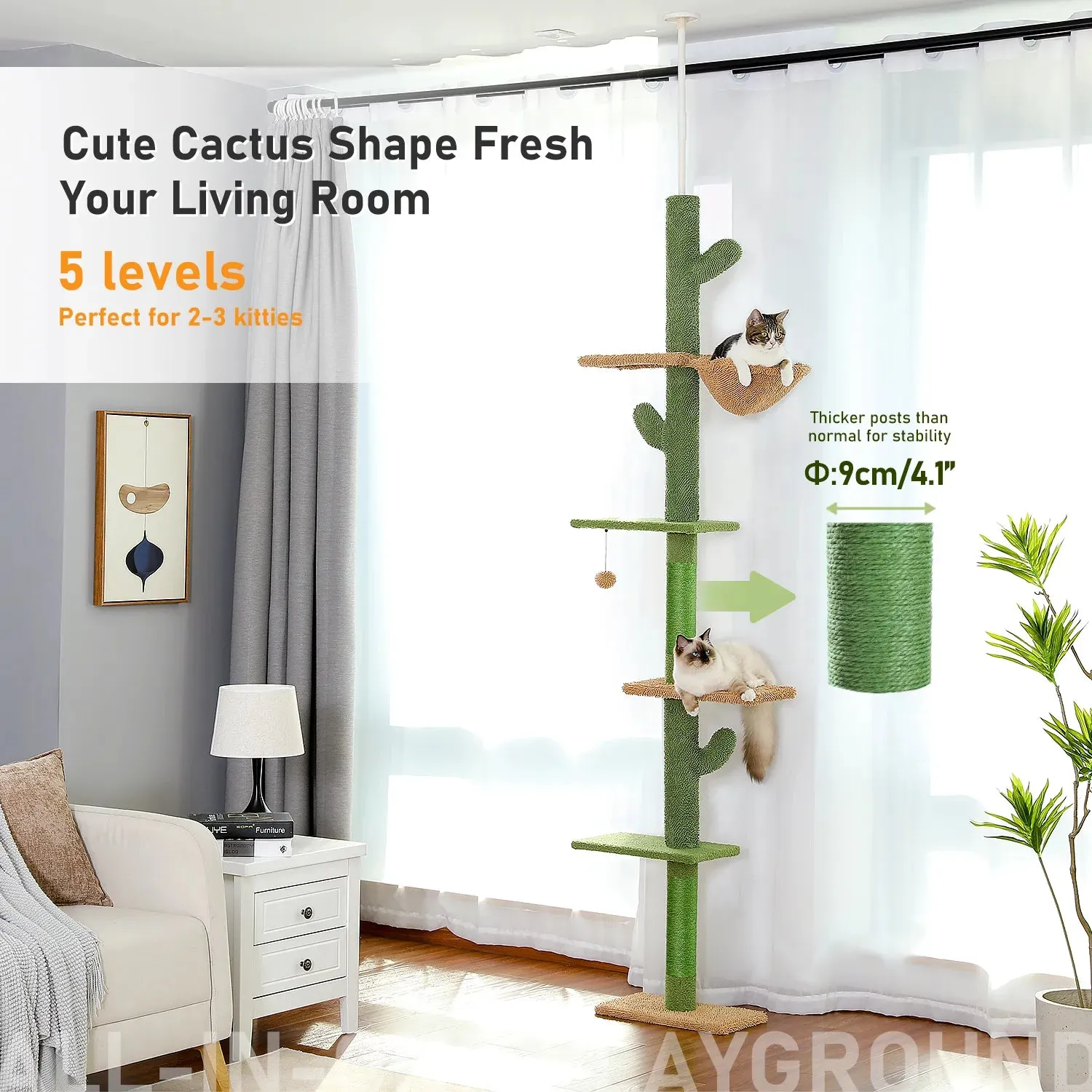 Floor to Ceiling Cactus Shape Adjustable Cat Tree
