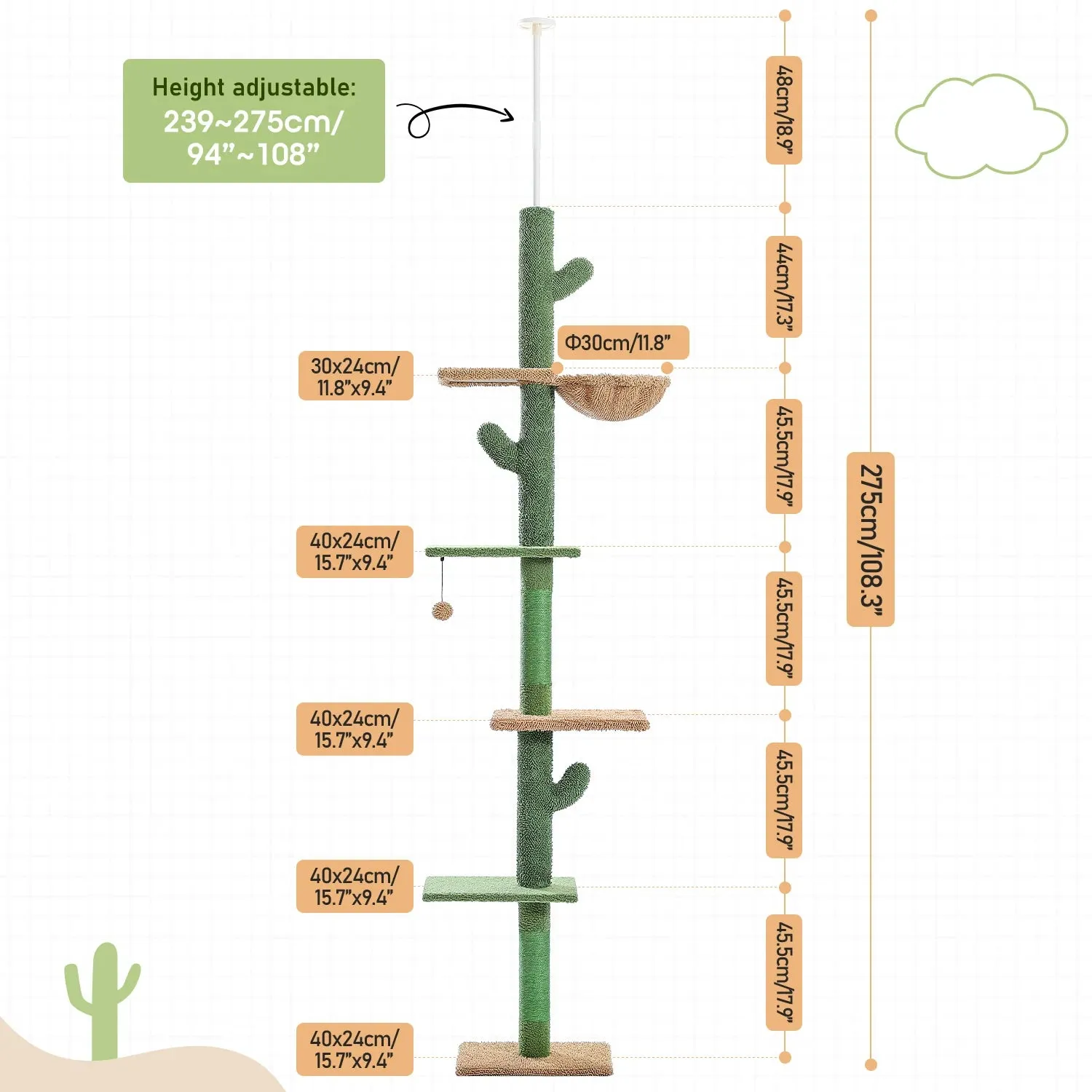 Floor to Ceiling Cactus Shape Adjustable Cat Tree