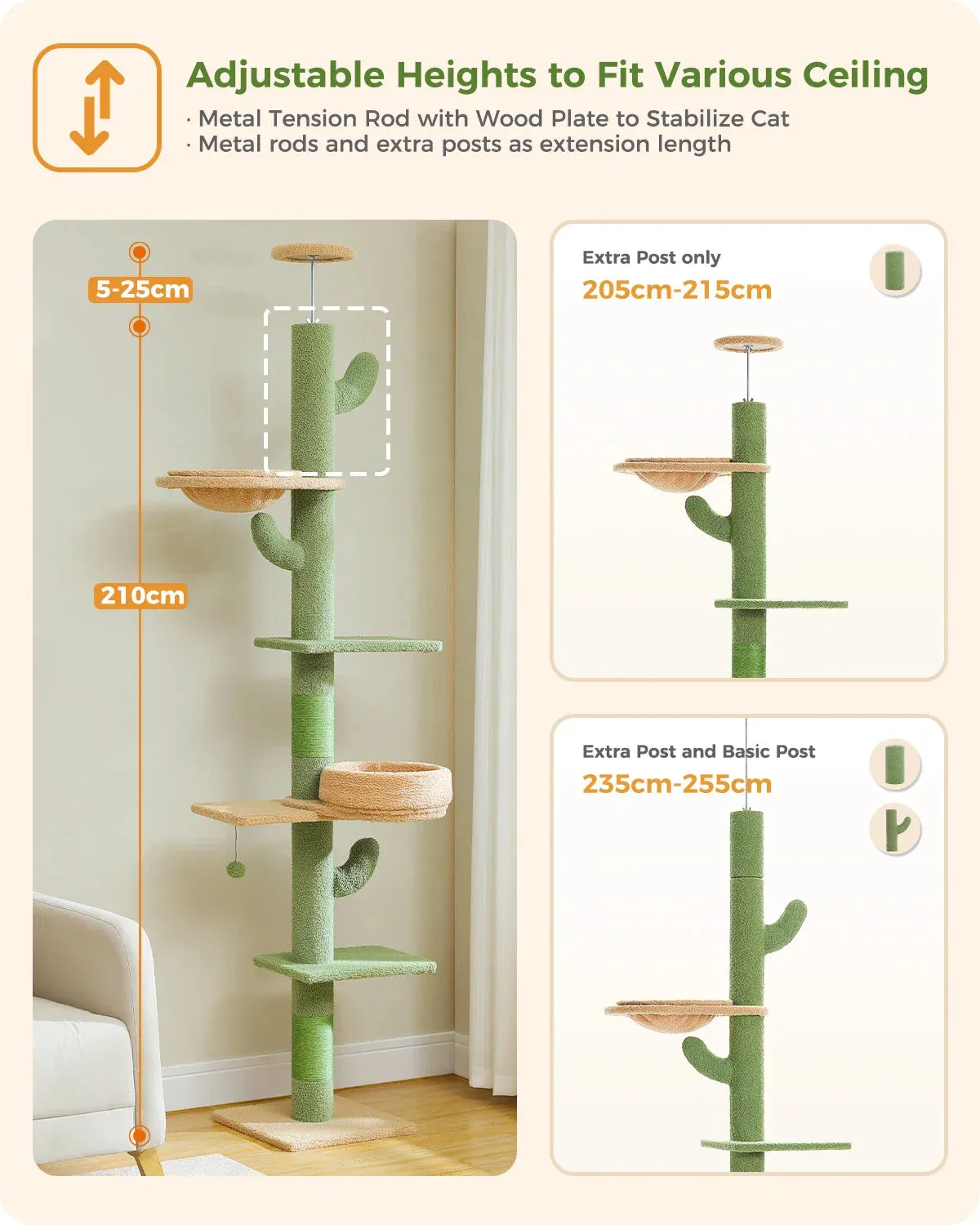 Floor-to-Ceiling Cat Tree - 228-274cm Tall Cat Climbing Tower