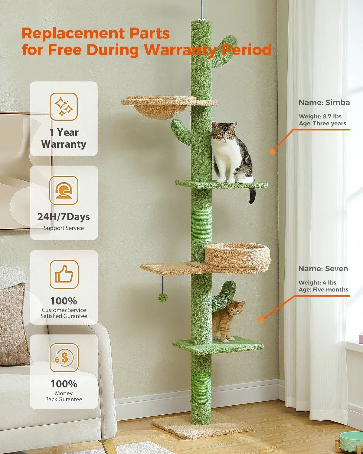 Floor-to-Ceiling Cat Tree - 228-274cm Tall Cat Climbing Tower
