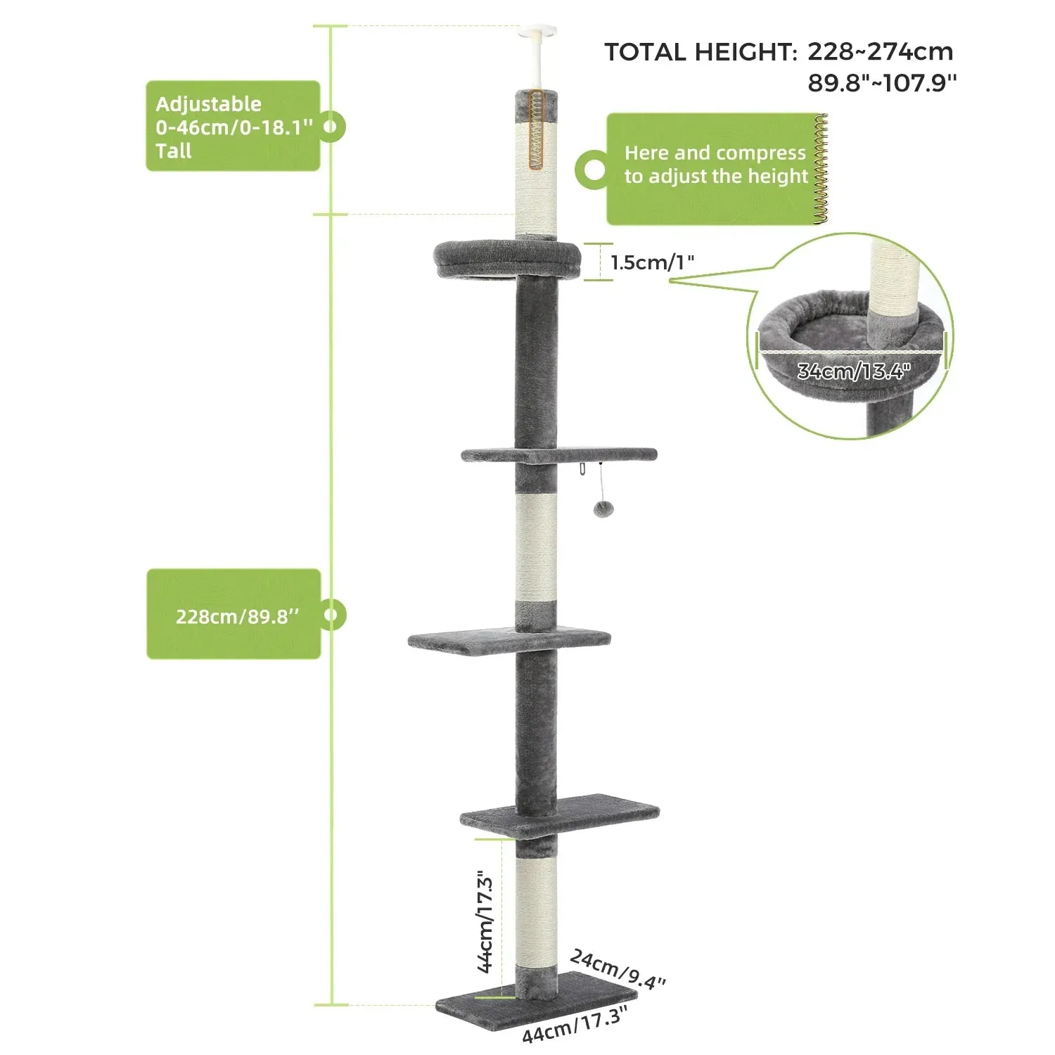 Floor-to-Ceiling Cat Tree - 228-274cm Tall Cat Climbing Tower