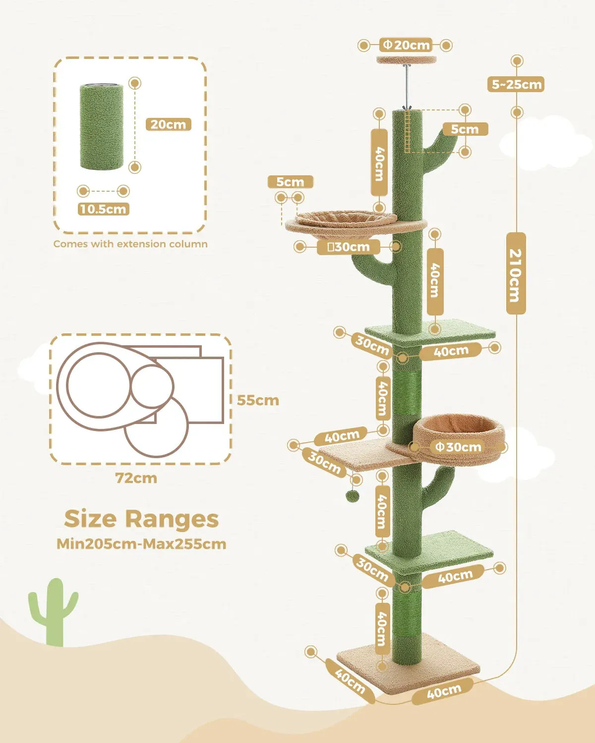 Floor-to-Ceiling Cat Tree - 228-274cm Tall Cat Climbing Tower