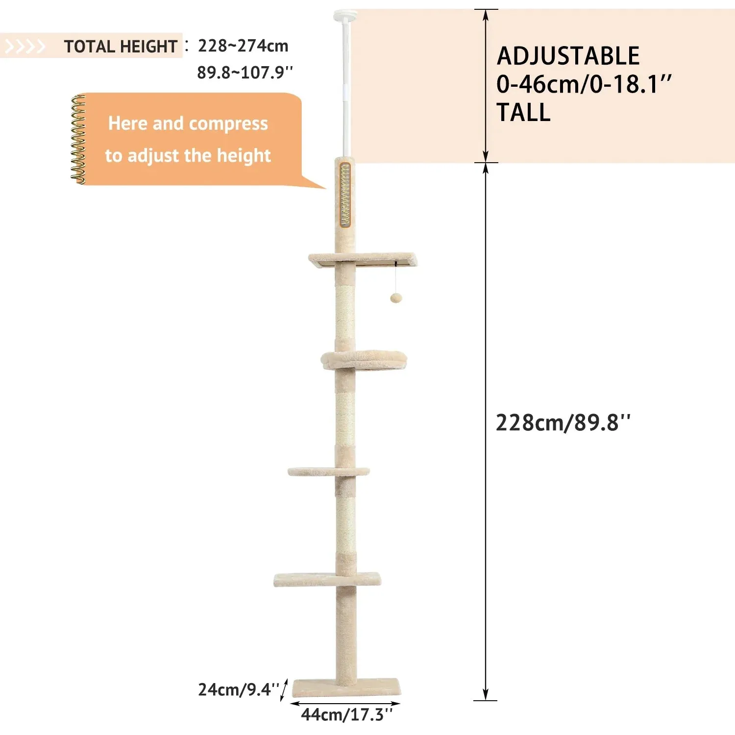 Floor-to-Ceiling Cat Tree - 228-274cm Tall Cat Climbing Tower