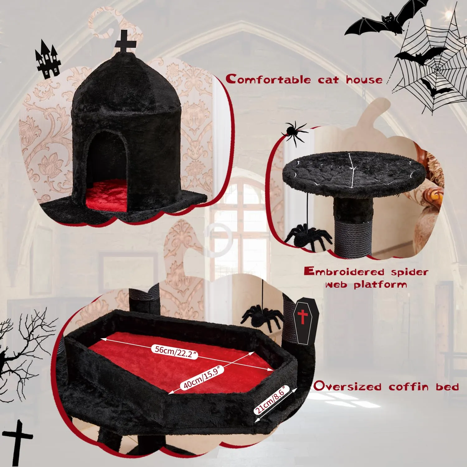 Gothic Cat Tree with Coffin Bed, 55" Cat Tower with Spacious Cat Condo, Scratching Posts