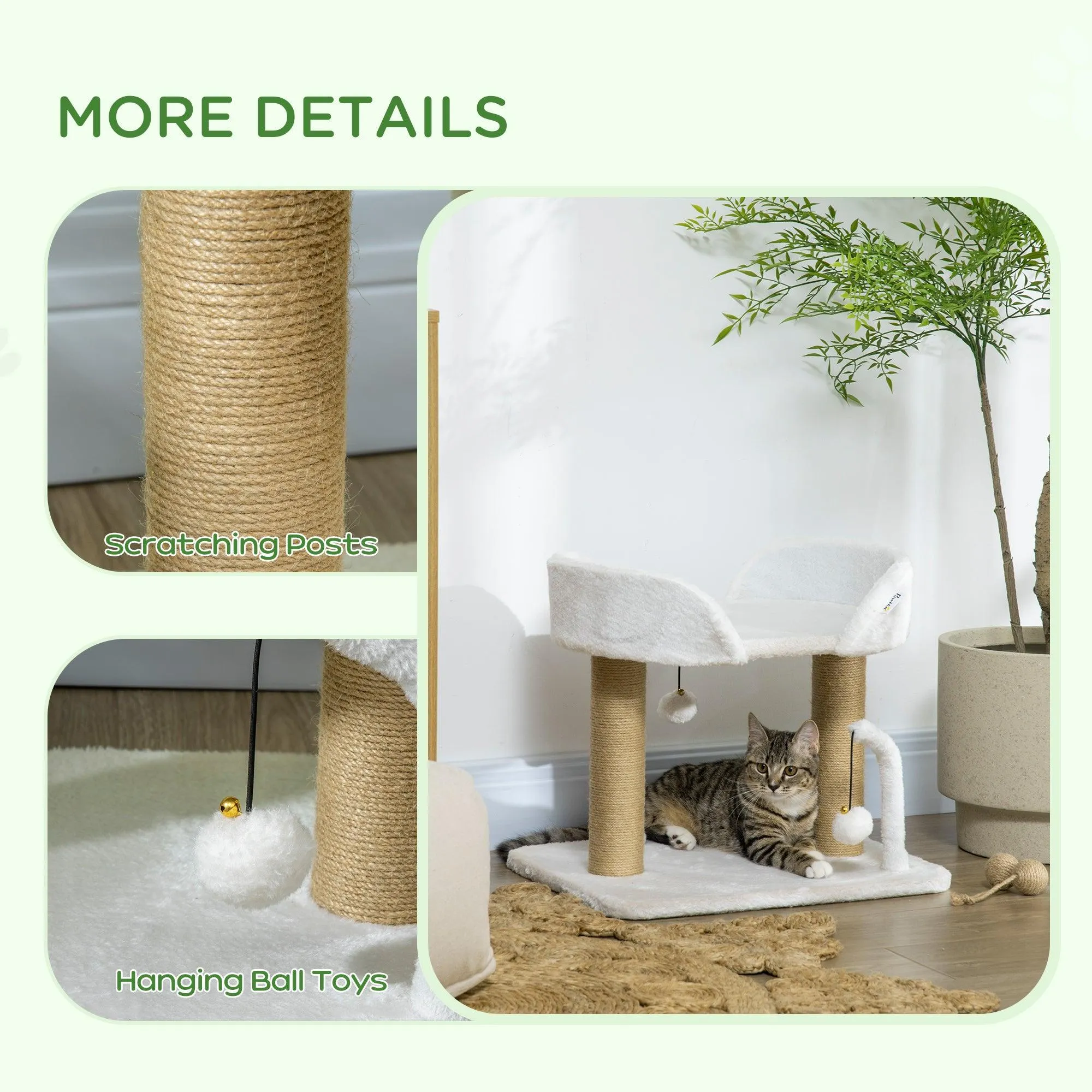 Small Cat Tree with Sisal Scratching Post & Bed, 42cm - White