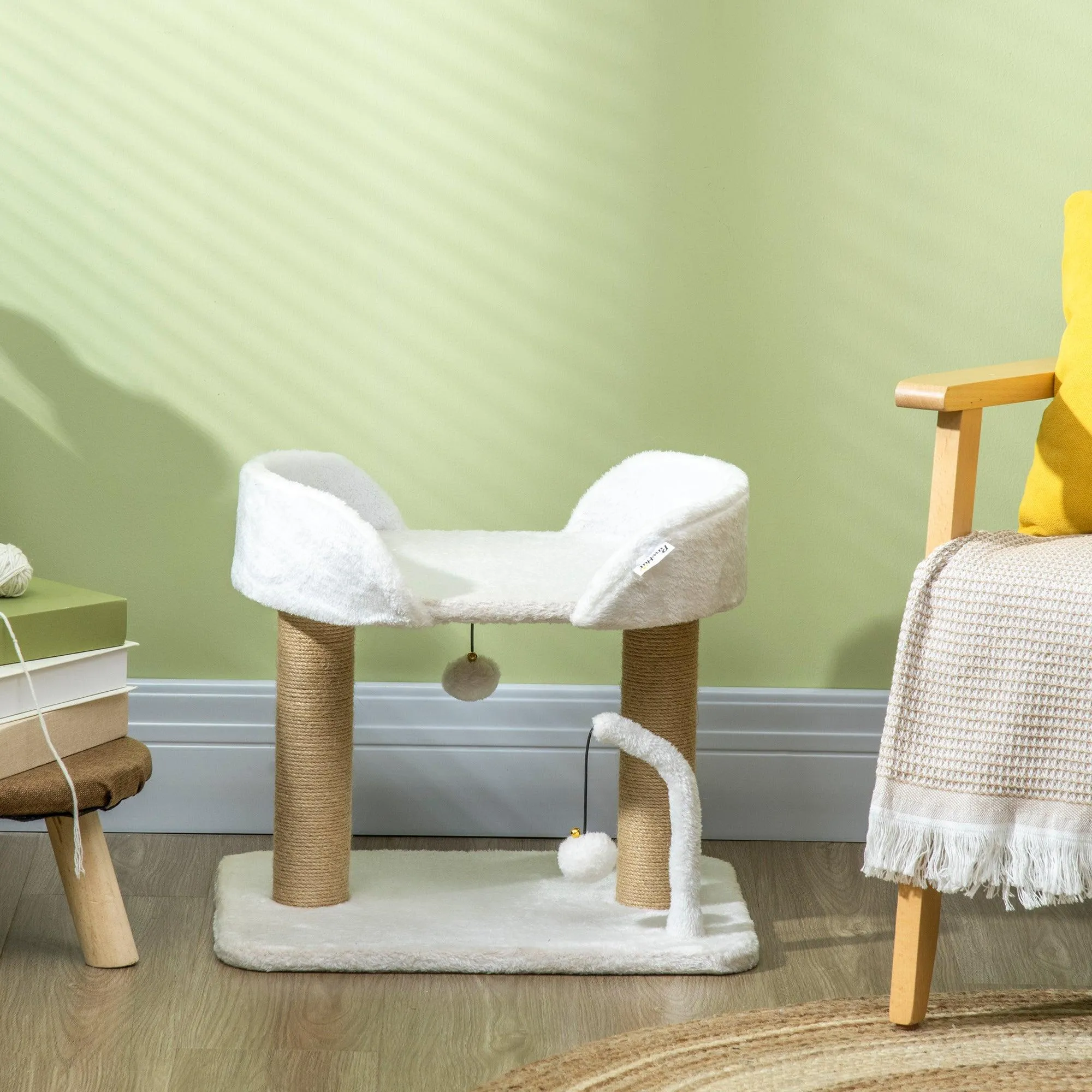 Small Cat Tree with Sisal Scratching Post & Bed, 42cm - White