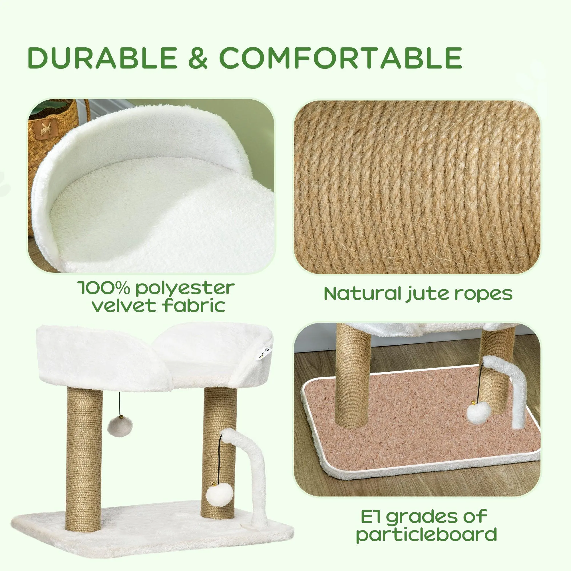 Small Cat Tree with Sisal Scratching Post & Bed, 42cm - White