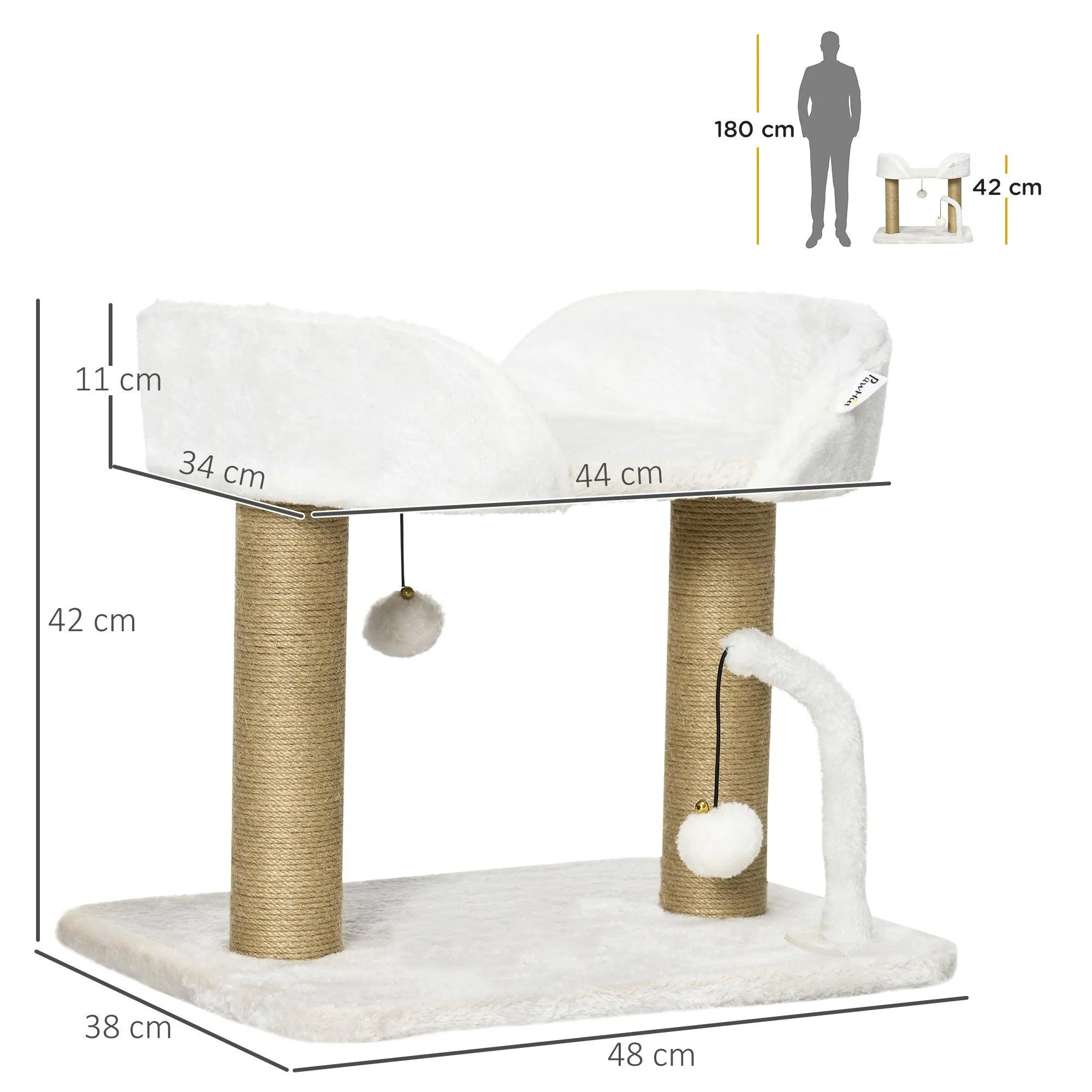 Small Cat Tree with Sisal Scratching Post & Bed, 42cm - White