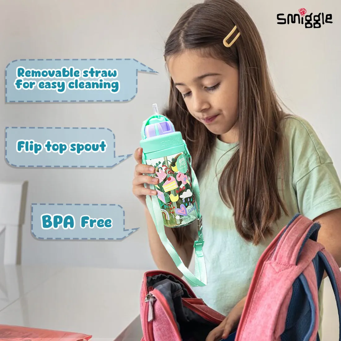 Smiggle Glide Teeny Tiny Plastic Drink Bottle With Strap 400Ml Mint, 3Y 