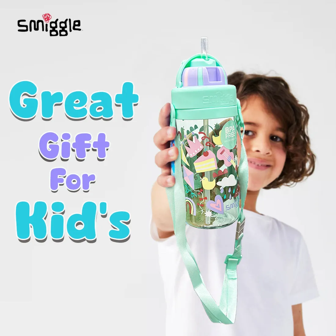 Smiggle Glide Teeny Tiny Plastic Drink Bottle With Strap 400Ml Mint, 3Y 