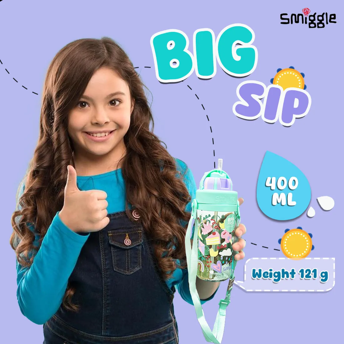 Smiggle Glide Teeny Tiny Plastic Drink Bottle With Strap 400Ml Mint, 3Y 