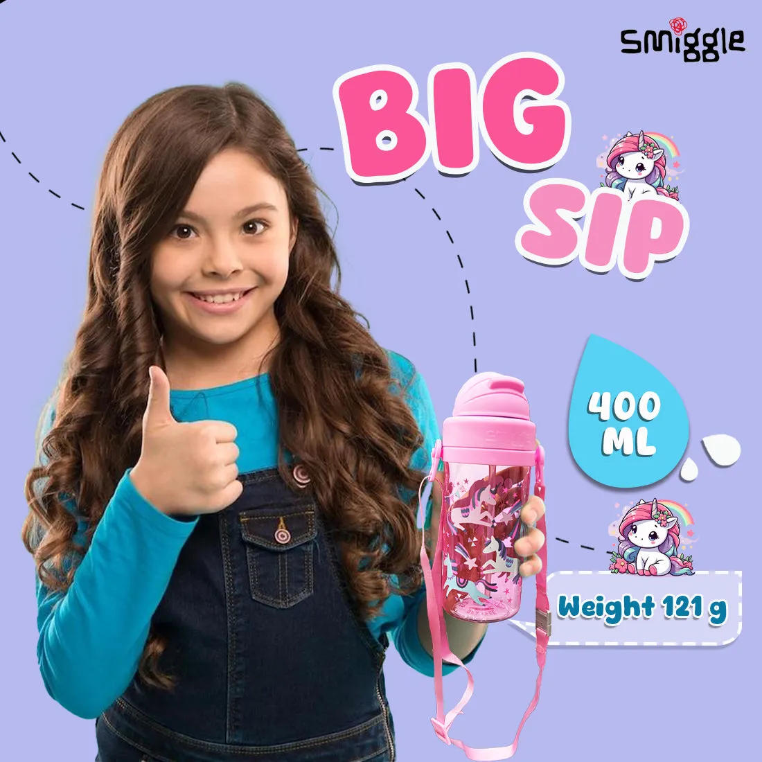 Smiggle Glide Teeny Tiny Plastic Drink Bottle With Strap 400Ml Pink, 3Y 