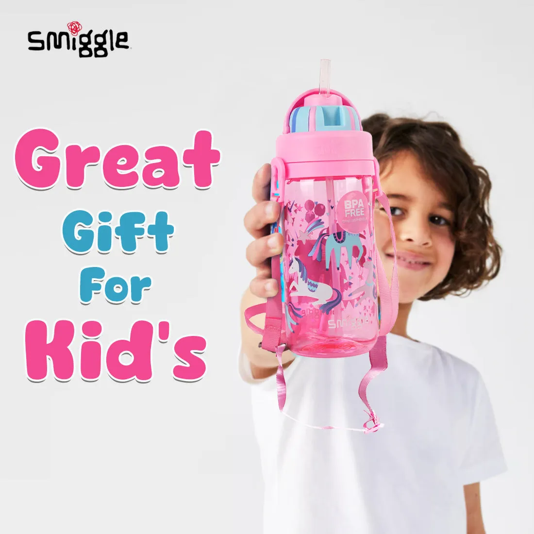 Smiggle Glide Teeny Tiny Plastic Drink Bottle With Strap 400Ml Pink, 3Y 