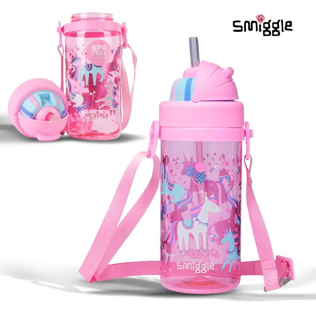 Smiggle Glide Teeny Tiny Plastic Drink Bottle With Strap 400Ml Pink, 3Y 