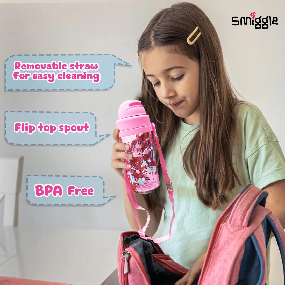 Smiggle Glide Teeny Tiny Plastic Drink Bottle With Strap 400Ml Pink, 3Y 