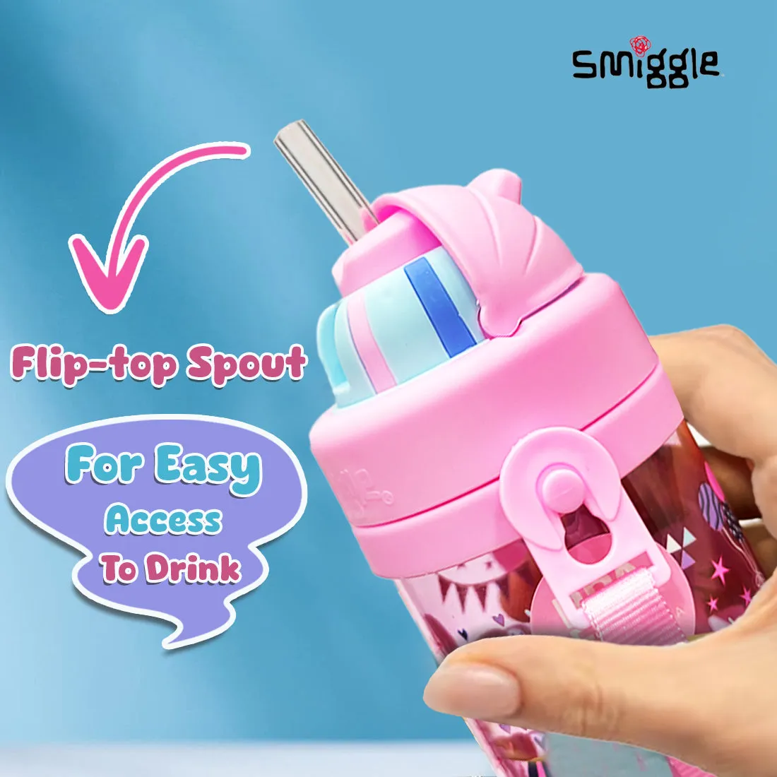 Smiggle Glide Teeny Tiny Plastic Drink Bottle With Strap 400Ml Pink, 3Y 
