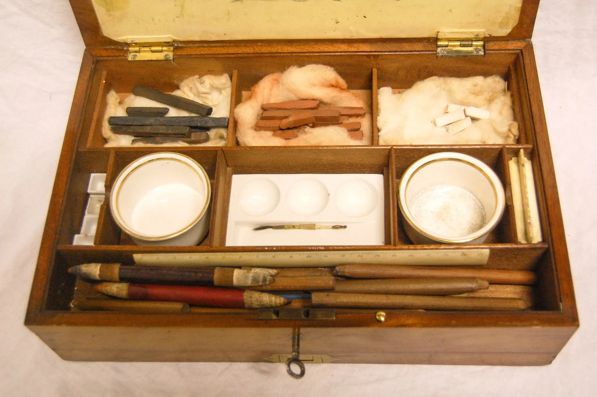 Victorian Rudolph Ackermann Mahogany and Brass Artist's Box with Original Watercolours and Contents