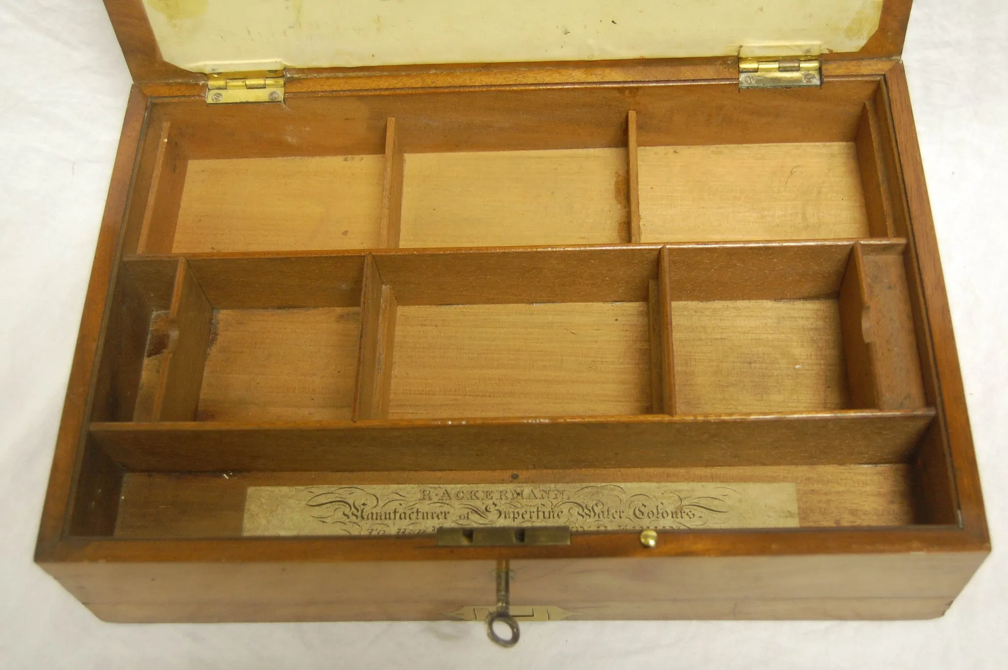 Victorian Rudolph Ackermann Mahogany and Brass Artist's Box with Original Watercolours and Contents