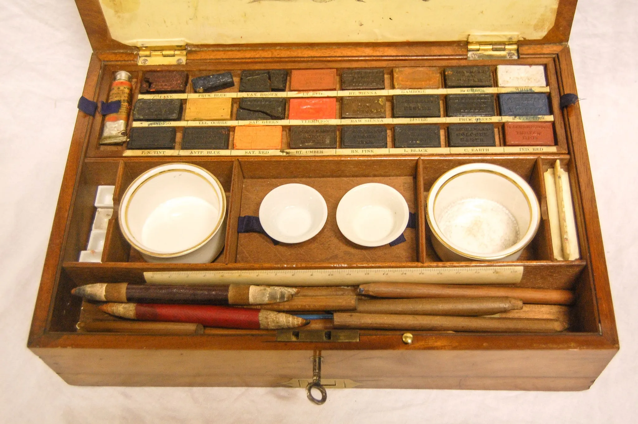 Victorian Rudolph Ackermann Mahogany and Brass Artist's Box with Original Watercolours and Contents
